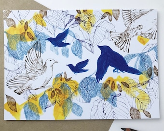 A5 Kunstdruck - Fliegende Vögel, kleiner Vogel Kunstdruck, handgezeichnete illustrierte Drucke, Natur und Tiere Kunstwerke, Naturkunst für Ihre Wand