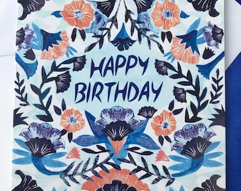 Alles Gute zum Geburtstag Blumenkarte, Hand beschriftete Grußkarte, handgemachte illustrierte Karte, Geburtstag für Frauen, Blumenmuster, dekorative hübsche Karte