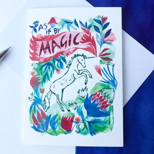 Biglietto di auguri unicorno, piccolo biglietto di auguri A6, biglietto di compleanno, biglietto per occasioni speciali, biglietto con piante e animali, arte della natura, biglietto scritto a mano