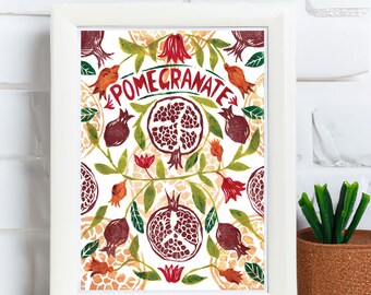 Pomegranate digital art print, fruit wall art, linocut, hand drawn, hand lettered print, kitchen art, gifts for the home, printable artwork