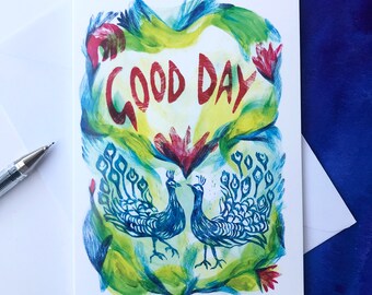 Bird themed small greetings card, birthday card, peacock card, hand lettered card, positive message card, handmade card, bird themed cards