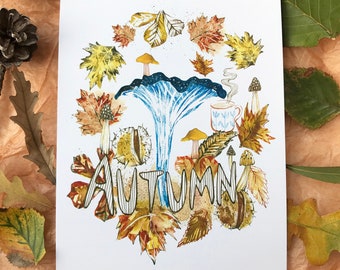 Autumn art print - nature themed print, illustrated small art print, print for the home, housewarming gift, fall art wall decor, handmade