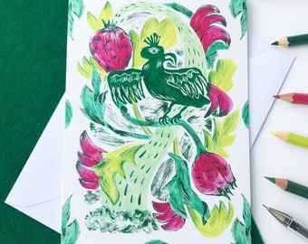 Vogel und Blumen Grußkarte, Retro Karten, Vogel Illustration, Handgezeichnete Karten, Karte für jeden Anlass, Karten für Sie, Blumen und Pflanzen Karte