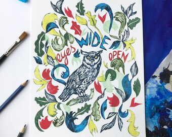 Owl giclee print A3 A4, small giclee print, illustrated print, bird art, decorative art, owl wall art, colourful artwork, hand drawn artwork