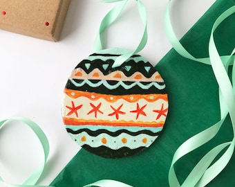 Decorated Christmas ornament, Christmas bauble, illustrated Christmas gift, patterned ornament, hand painted gift, tree decoration, sale