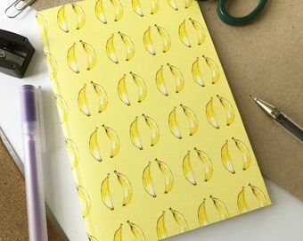 Small notebook, banana patterned notebook, pretty stationery supplies, A6 sized notebook, lined notebook, fruit pattern, small notepad gift