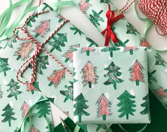 Christmas tree patterned wrapping paper A2 - Festive wrap, illustrated Christmas paper, xmas trees colourful wrapping paper, hand drawn wrap