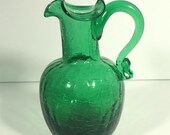 Vintage Emerald Green Crackle Glass Mini Pitcher
