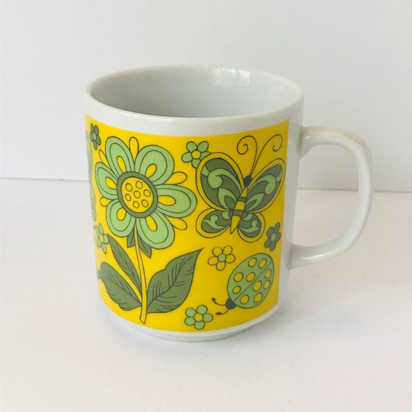 Vintage Coffee Mug, Coffee Cup, Flower Power, Butterflies, Ladybugs, Yellow and Green