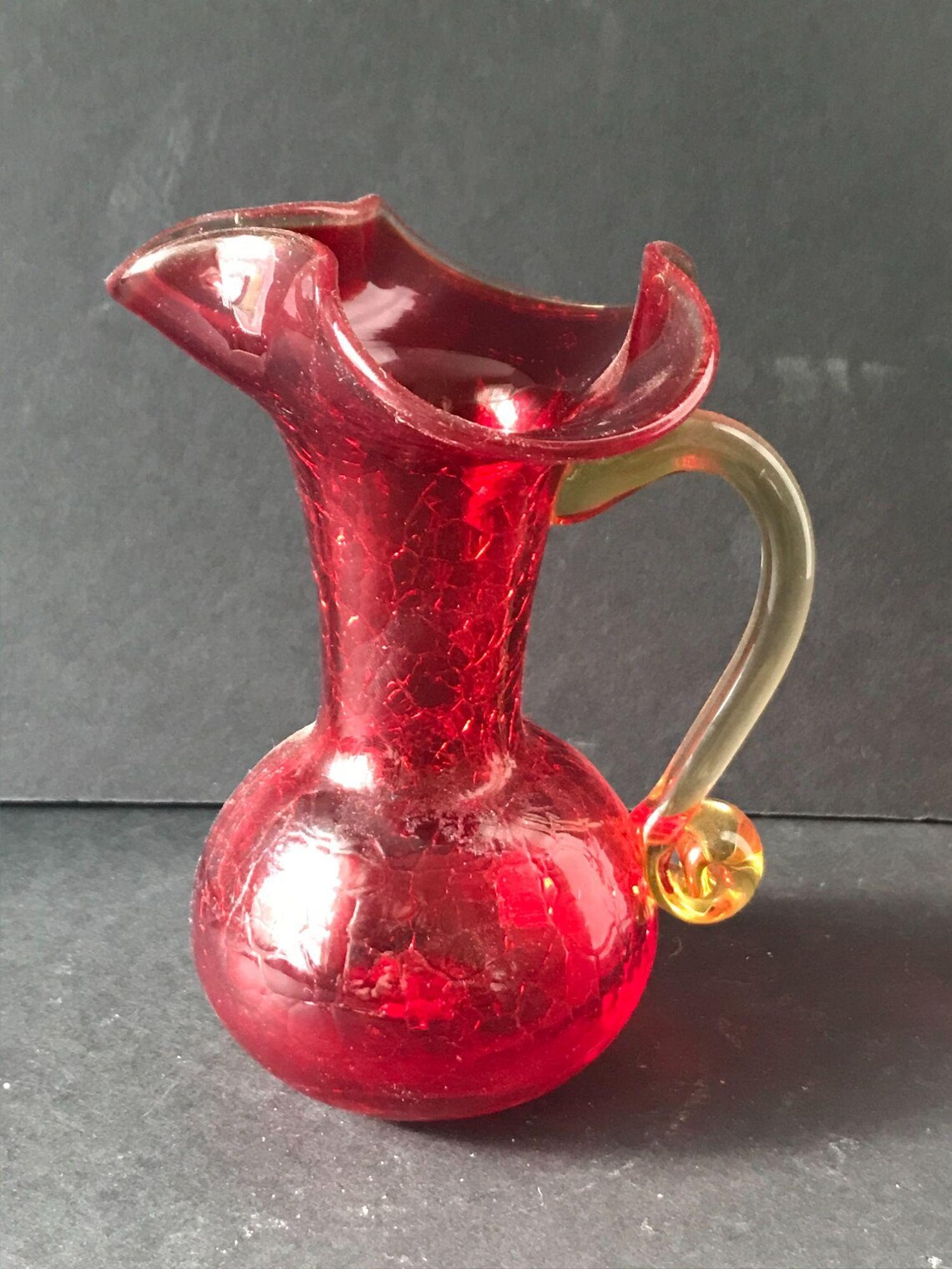 Red Amberina Crackle Glass Mini Pitcher Yellow Handle and Rim Etsy