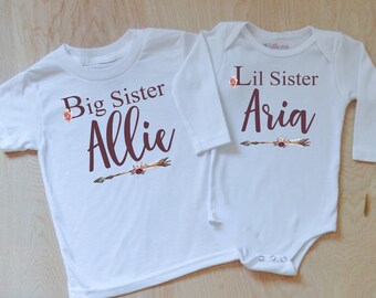 Boho Big Sis/Little Sis Personalized Sibling Set, Toddler Baby Matching, Oldest Middle Youngest, Matching Newborn, Customizable Sets