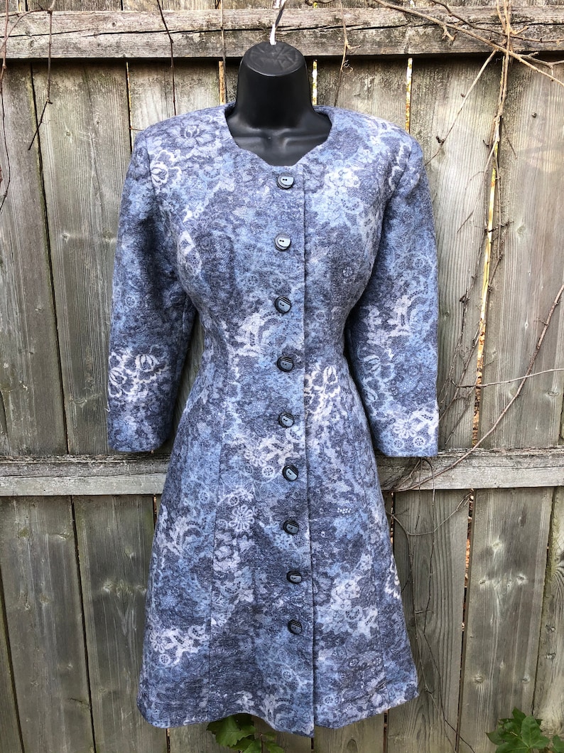 1980\u2019s amazing blue and grey floral wool button coat S
