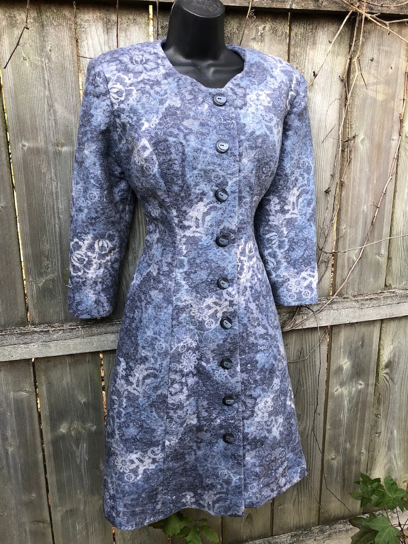 1980\u2019s amazing blue and grey floral wool button coat S