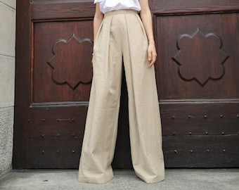 High-waisted, wide-leg, Linen pleated trousers/Flared trousers, front pleats/Heavy linen trousers