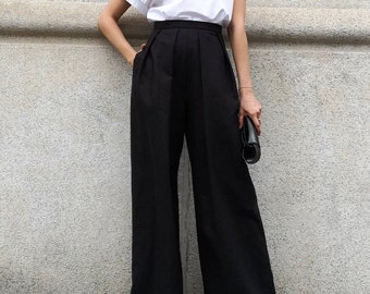 High-waisted, wide-leg, Linen pleated trousers/Flared trousers with front pleats-Heavy Linen Trousers