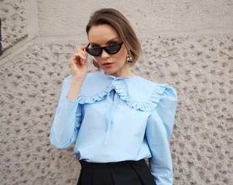 Balloon/puff sleeve, cotton blouse with Peter Pan collar/Puff sleeve SHIRT with Peter Pan collar