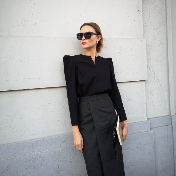 Chemisier noir en coton à manches ballon/Chemise à manches bouffantes - chemisier en coton pour femmes à manches longues