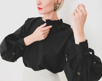 Balloon/puff sleeve, cotton, black blouse/Puff sleeve SHIRT-women's cotton blouse-long sleeve shirt