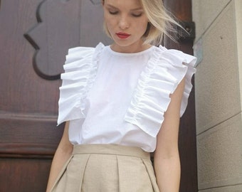 sleeveless cotton TOP with ruffle on the shoulder/Sleeveless TOP with decorative ruffles on the shoulders