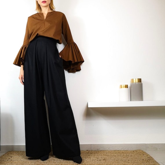 Pantalon ancho de lana con pinzas pantalones de campana con pinzas delanteras Pantalon de lana Pantalon negro Etsy Mexico