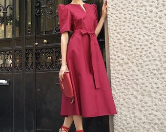 Puff sleeve cotton midi dress/Flared dress with puff sleeves and sash