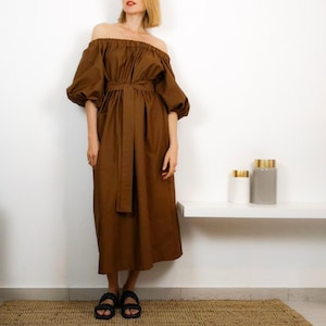 Off shoulder DRESS / elastic off shoulder dress / PUFF sleeve dress / cotton dress / belted dress 画像 4