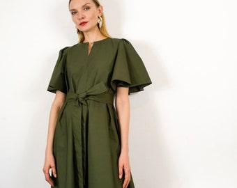 cotton DRESS with bell sleeve and sash - Cotton DRESS with bell sleeve and sash