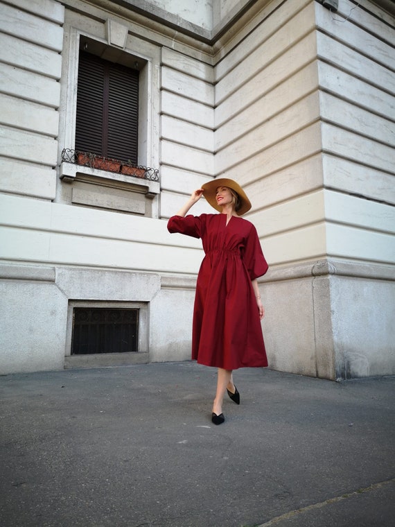 IldemarMilano Puff Sleeve DRESS/Women's Cotton dress/3/4 Sleeve Dress / Midi dress/Elastic Dress - Balloon/puff Sleeve, Cotton, Midi Dress