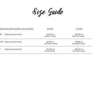 May include: A white size guide chart with black text. The chart includes bust, waist, and hip measurements in centimeters and inches for XS to M and L to XXL sizes. The title "Size Guide" is written in a cursive font.