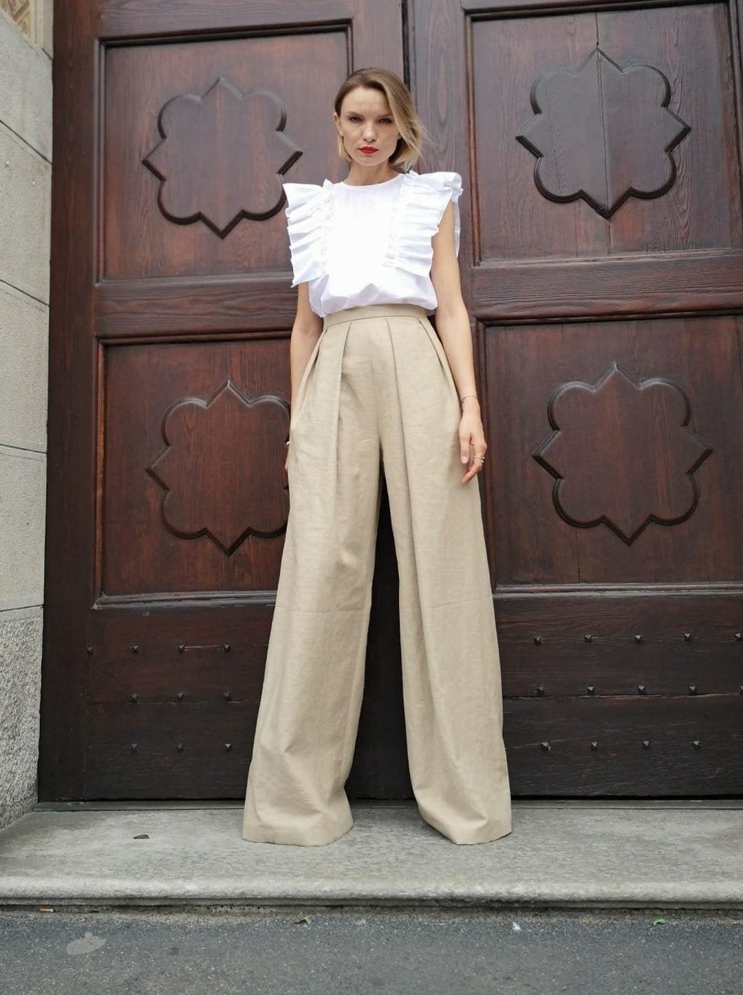 Beige linen high waisted pleated Dress Trousers