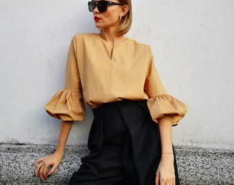 Blusa de algodón con mangas abullonadas/camisa con estampado de mangas abullonadas en la parte inferior - blusa de algodón para mujer