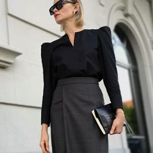 Balloon-puff sleeve cotton black blouse/Puff sleeve SHIRT women's cotton blouse with long sleeves image 3