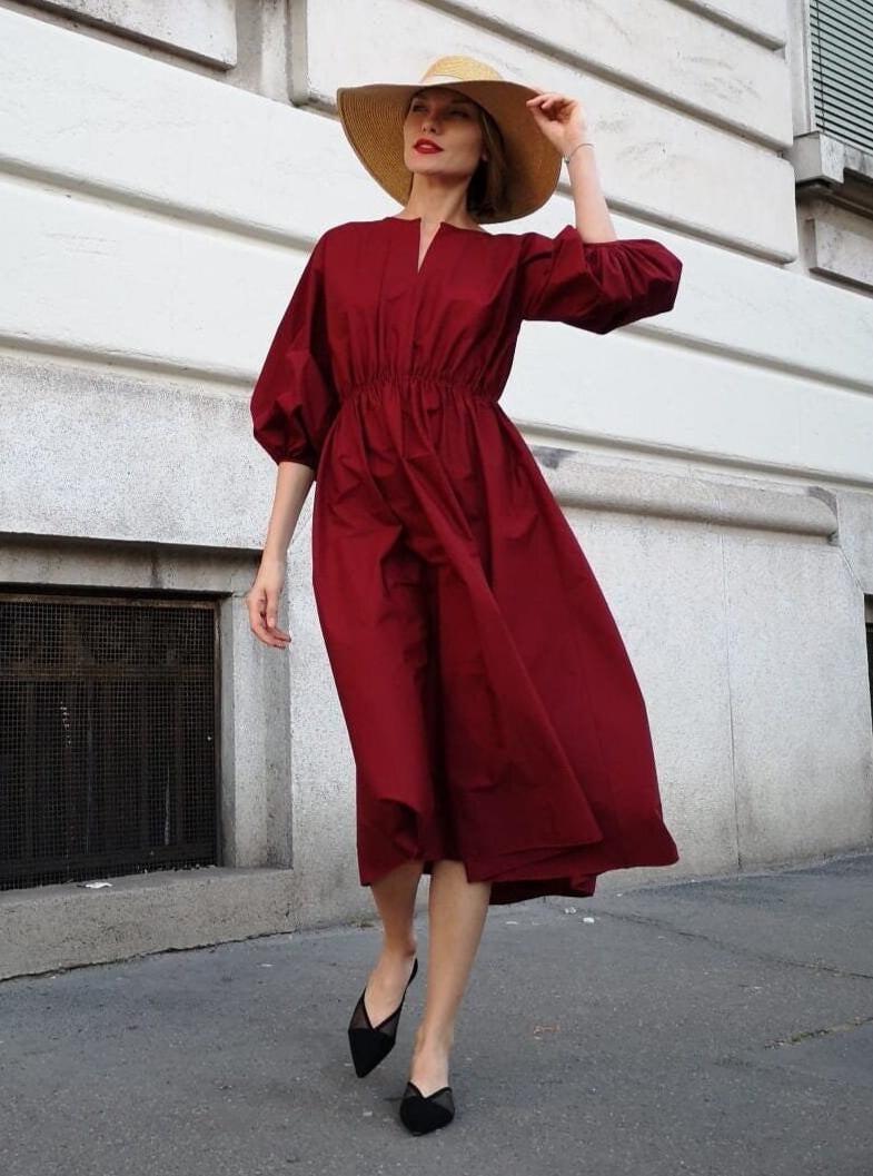 Balloon/puff sleeve cotton midi dress/Puff sleeve dress - women's cotton dress/3/4 sleeve dress Balloon/puff sleeve cotton midi dress/Puff sleeve dress - women's cotton dress/3/4 sleeve dress