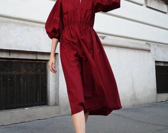 Balloon/puff sleeve cotton midi dress/Puff sleeve dress - women's cotton dress/3/4 sleeve dress