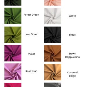 May include: A color chart featuring swatches of fabric in various colors, including Dark Sky Blue, Antique Pink, Army Green, Nude Pink, Forest Green, White, Lime Green, Black, Violet, Brown Cappuccino, Rose Lilac, Caramel Beige, Cerise, Grey, Cherry Bordeaux, and Dark Grey.