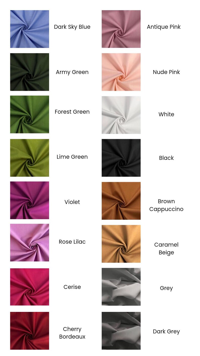 May include: A color chart featuring swatches of fabric in various colors, including Dark Sky Blue, Antique Pink, Army Green, Nude Pink, Forest Green, White, Lime Green, Black, Violet, Brown Cappuccino, Rose Lilac, Caramel Beige, Cerise, Grey, Cherry Bordeaux, and Dark Grey.
