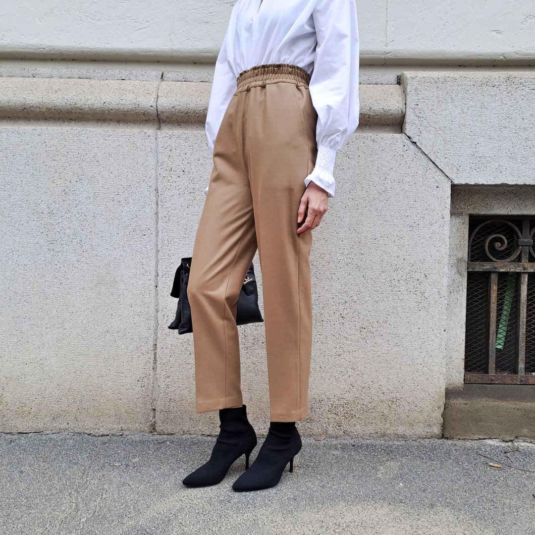 100% WOOL Cigarette Trousers With Pockets and Elastic Waist/wool Cigarette  Trousers With Pockets and Elastic Waist