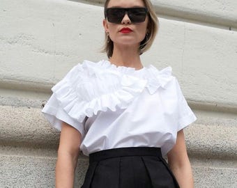 CAMISETA de algodón con detalles de volantes/CAMISETA de algodón con detalles de volantes