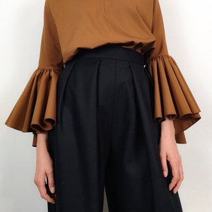 High-waisted wide-leg Wool pleated trousers/flared trousers with front pleats-Wool trousers-Black trousers image 4