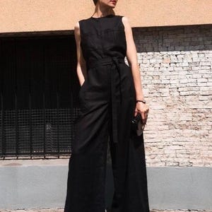 LINEN jumpsuit with patch pockets and belt/Tuta in lino con tasche applicate e cintura