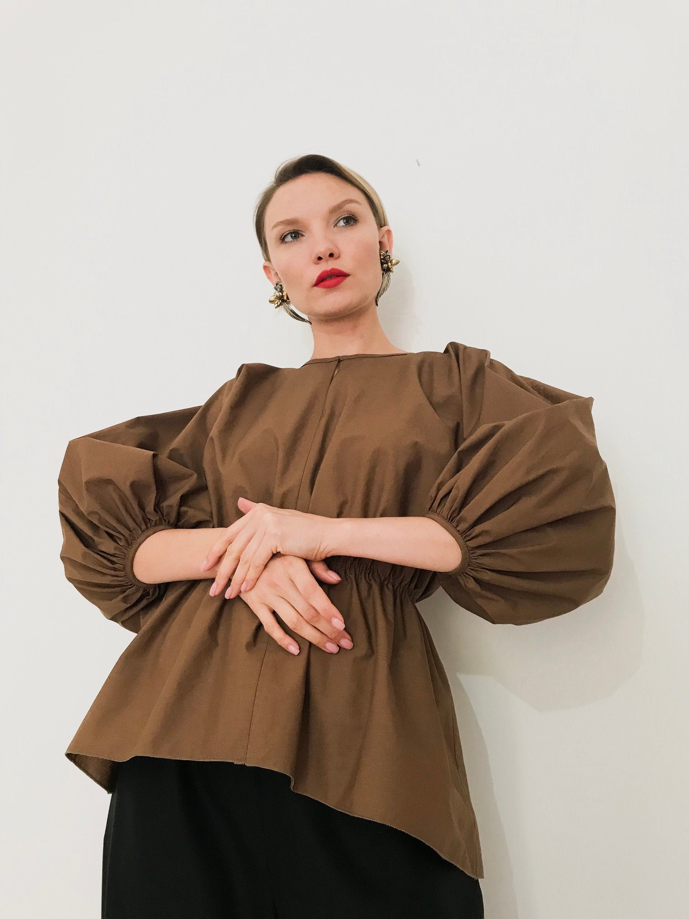 Puff Sleeves Cotton SHIRT With Elastic Waist/cotton SHIRT With 