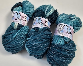 Tempting Teal in Silver Sparkle Superwash Merino Blend  Super Bulky Weight Yarn