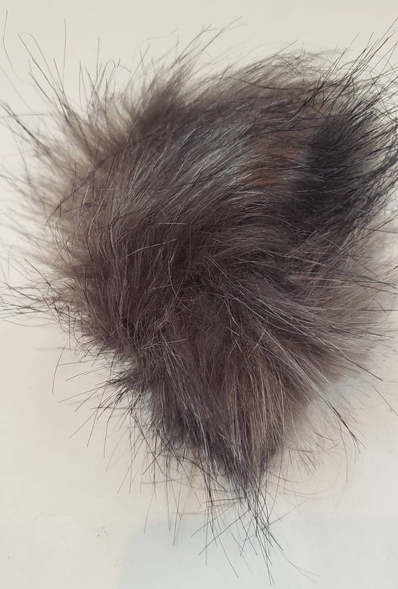 Natural faux fur soft beanie dark gray pompom fur Grey Knit Slouchy Beanie With Black Faux Fur Pompom - Etsy main image 2