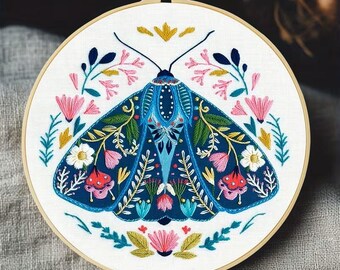 Blue Moth with Flowers Embroidery Kit