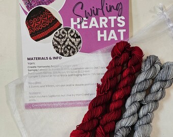 Swirling Hearts Knitted Hat Kit - Pattern and Yarn Included - Ragin' Red and Shades of Grey Sparkle