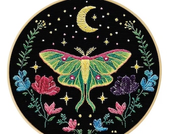 Green Moth with Moon Embroidery Kit
