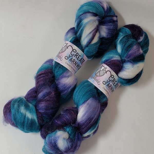 Purple and Teal in Polwarth/Tussah Silk 67/33 custom blend Top 4oz braid