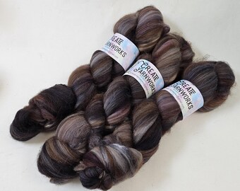 Stormy Skies in Merino/ Brown Alpaca/ Camel/ Mulberry Silk blend Top 4oz braid
