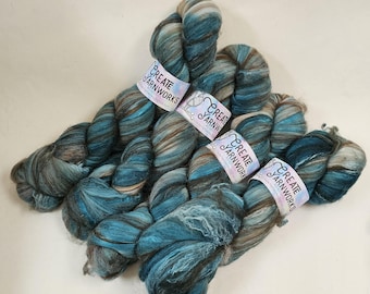 Tempting Teal in Merino/ Brown Alpaca/ Camel/ Mulberry Silk blend Top 4oz braid