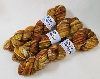 Goldilocks in Merino/ Brown Alpaca/ Camel/ Mulberry Silk blend Top 4oz braid